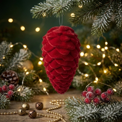 ORNAMENTO PIÑA NAVIDEÑA ROJA AFELPADO MONTEFIORI CHRISTMAS - Imagen 2